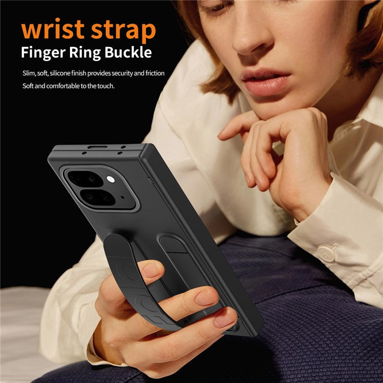 For Google Pixel 9 Pro Fold 5G Case Kickstand Wristband PC Phone Cover with Tempered Glass Film - Black