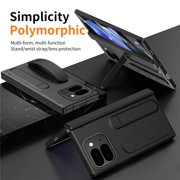 For Google Pixel 9 Pro Fold 5G Case Kickstand Wristband PC Phone Cover with Tempered Glass Film - Black