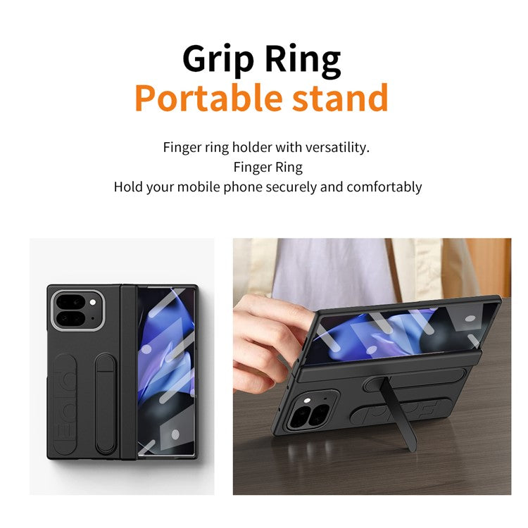 For Google Pixel 9 Pro Fold 5G Case Kickstand Wristband PC Phone Cover with Tempered Glass Film - Black