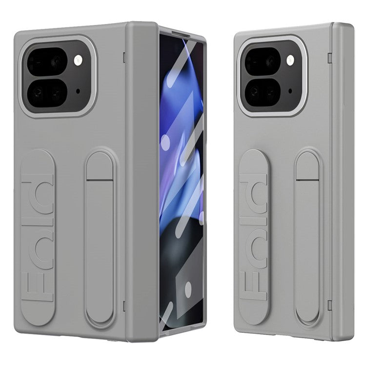 For Google Pixel 9 Pro Fold 5G Case Kickstand Wristband PC Phone Cover with Tempered Glass Film - Grey