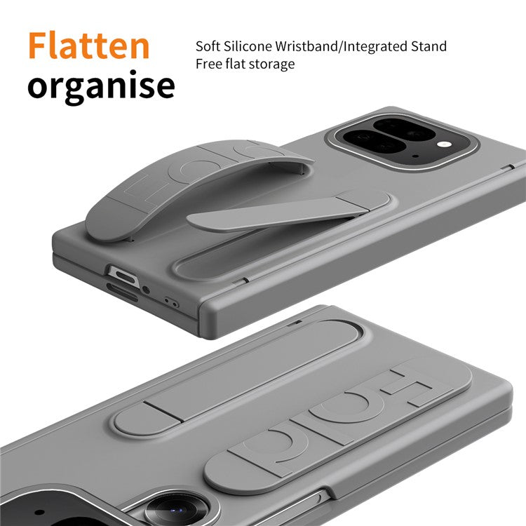 For Google Pixel 9 Pro Fold 5G Case Kickstand Wristband PC Phone Cover with Tempered Glass Film - Grey