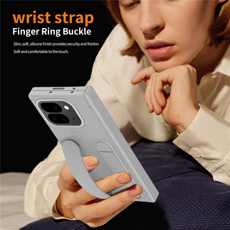 For Google Pixel 9 Pro Fold 5G Case Kickstand Wristband PC Phone Cover with Tempered Glass Film - Grey