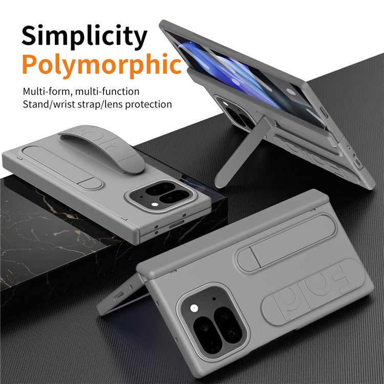 For Google Pixel 9 Pro Fold 5G Case Kickstand Wristband PC Phone Cover with Tempered Glass Film - Grey