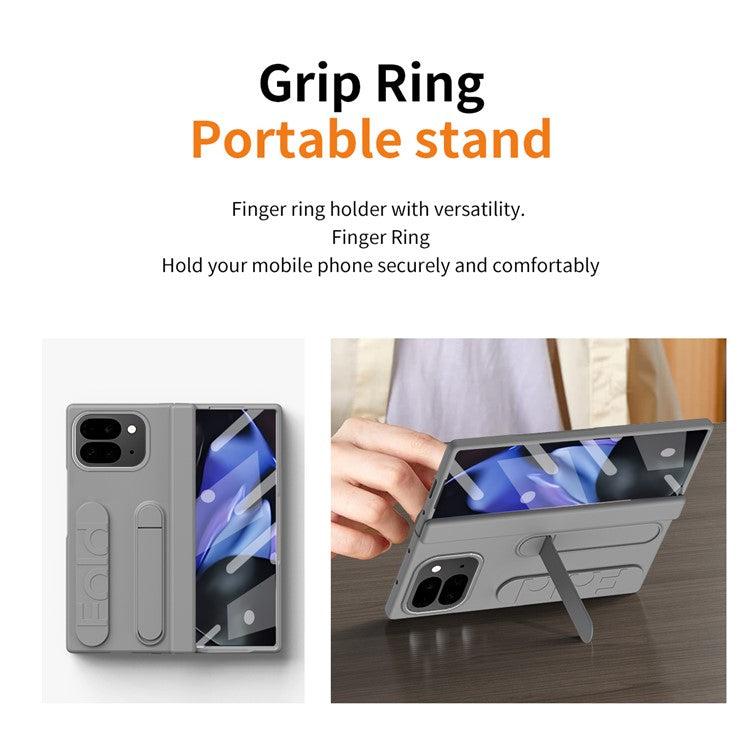 For Google Pixel 9 Pro Fold 5G Case Kickstand Wristband PC Phone Cover with Tempered Glass Film - Grey