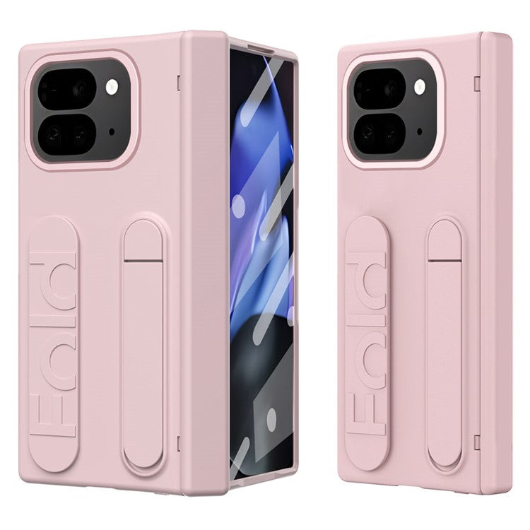 For Google Pixel 9 Pro Fold 5G Case Kickstand Wristband PC Phone Cover with Tempered Glass Film - Pink