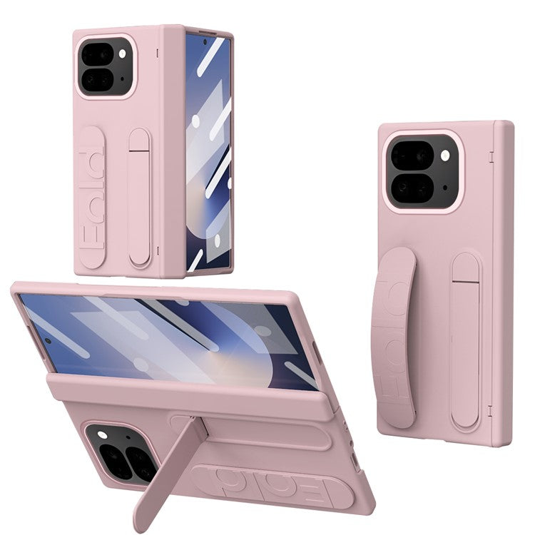 For Google Pixel 9 Pro Fold 5G Case Kickstand Wristband PC Phone Cover with Tempered Glass Film - Pink