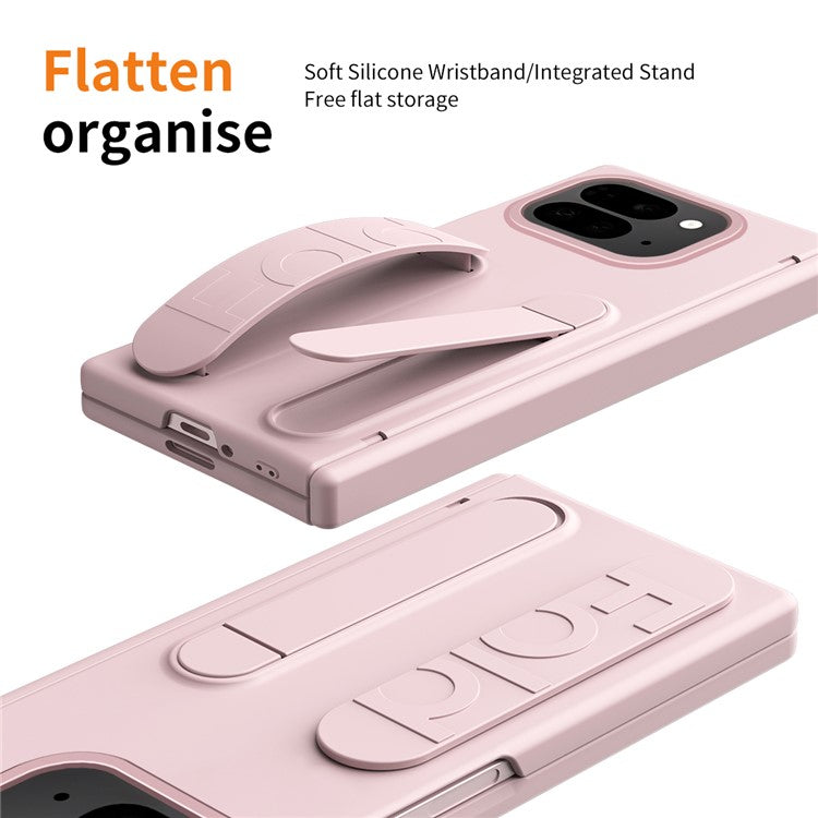 For Google Pixel 9 Pro Fold 5G Case Kickstand Wristband PC Phone Cover with Tempered Glass Film - Pink