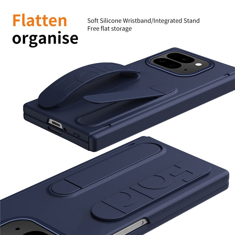 For Google Pixel 9 Pro Fold 5G Case Kickstand Wristband PC Phone Cover with Tempered Glass Film - Blue