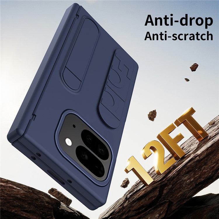 For Google Pixel 9 Pro Fold 5G Case Kickstand Wristband PC Phone Cover with Tempered Glass Film - Blue