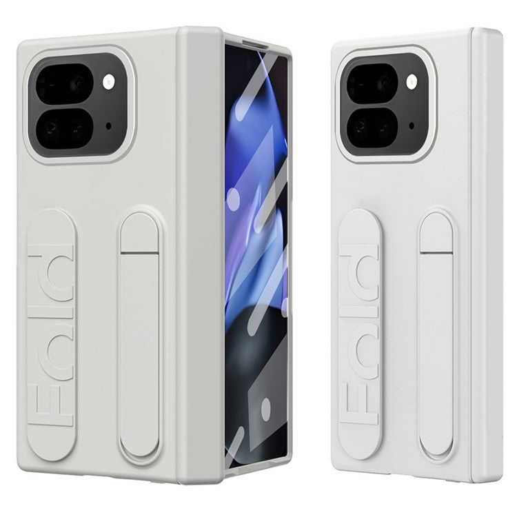 For Google Pixel 9 Pro Fold 5G Case Kickstand Wristband PC Phone Cover with Tempered Glass Film - White