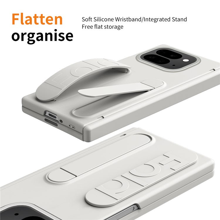 For Google Pixel 9 Pro Fold 5G Case Kickstand Wristband PC Phone Cover with Tempered Glass Film - White