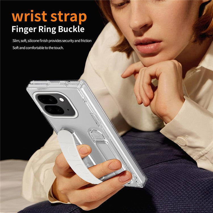 For Google Pixel 9 Pro Fold 5G Case Kickstand Wristband PC Phone Cover with Tempered Glass Film - Transparent