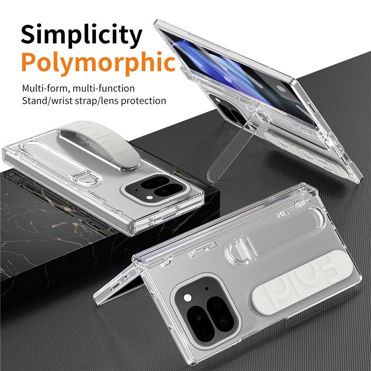 For Google Pixel 9 Pro Fold 5G Case Kickstand Wristband PC Phone Cover with Tempered Glass Film - Transparent