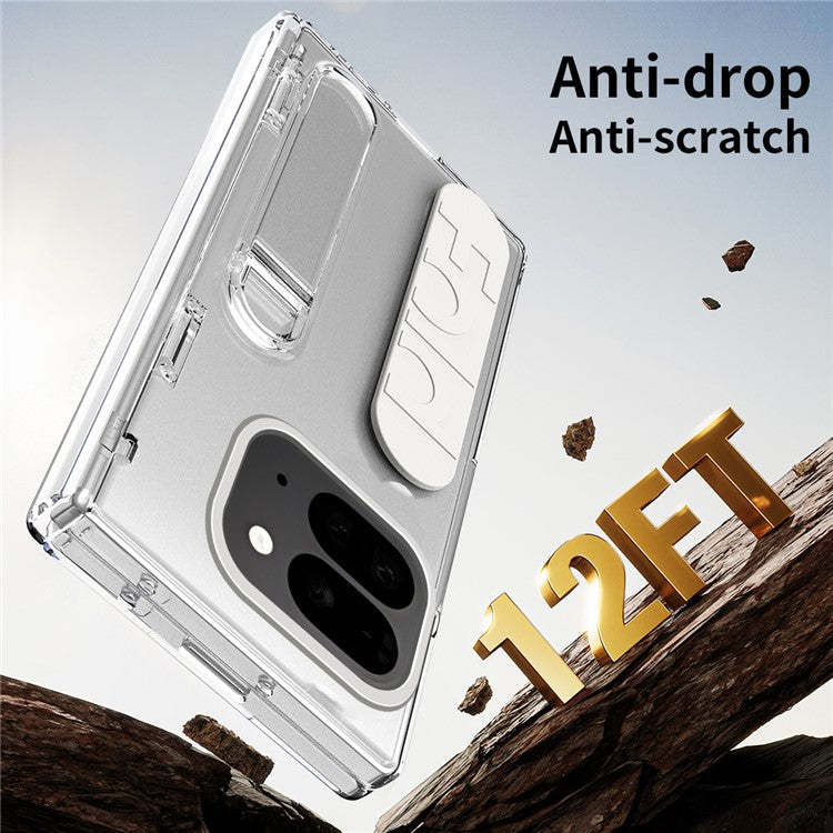 For Google Pixel 9 Pro Fold 5G Case Kickstand Wristband PC Phone Cover with Tempered Glass Film - Transparent