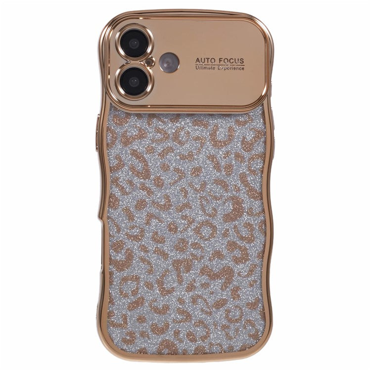 For iPhone 16 Plus Case Curly Frame TPU Phone Cover Leopard Print Glitter - Gold