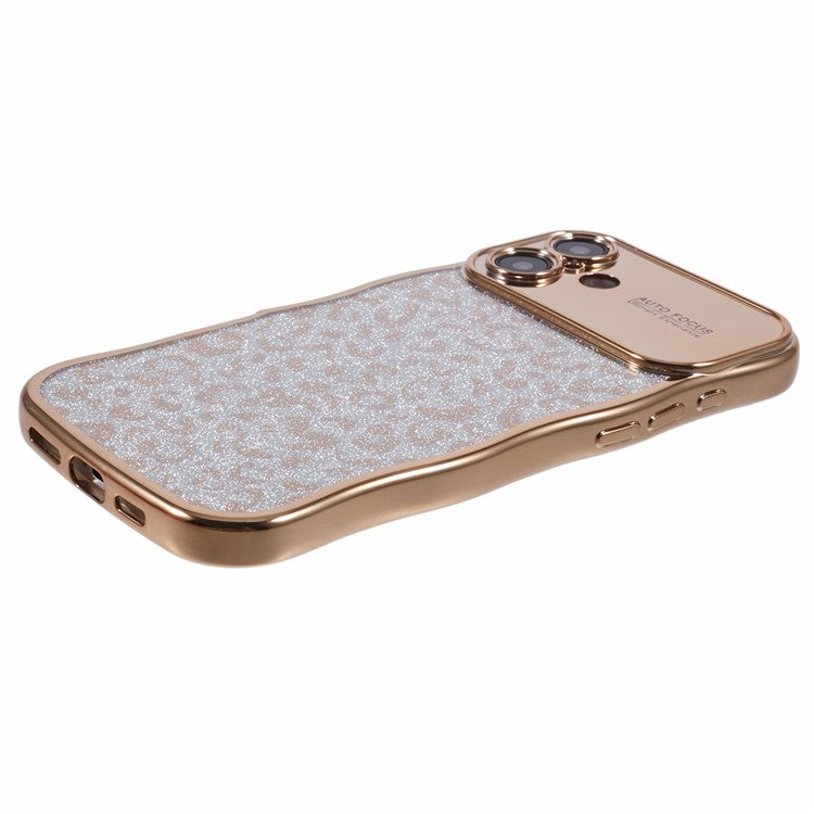 For iPhone 16 Plus Case Curly Frame TPU Phone Cover Leopard Print Glitter - Gold