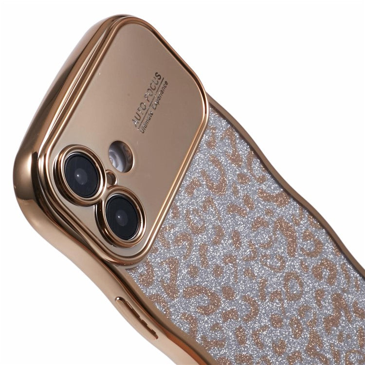 For iPhone 16 Plus Case Curly Frame TPU Phone Cover Leopard Print Glitter - Gold