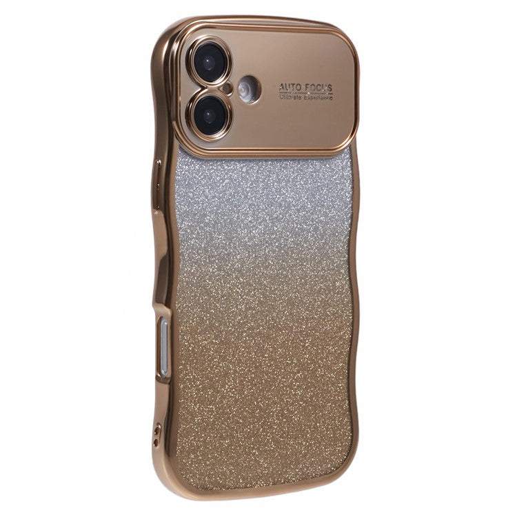 For iPhone 16 Plus Case Gradient Glitter TPU Phone Cover with Electroplating Curly Frame - Gold