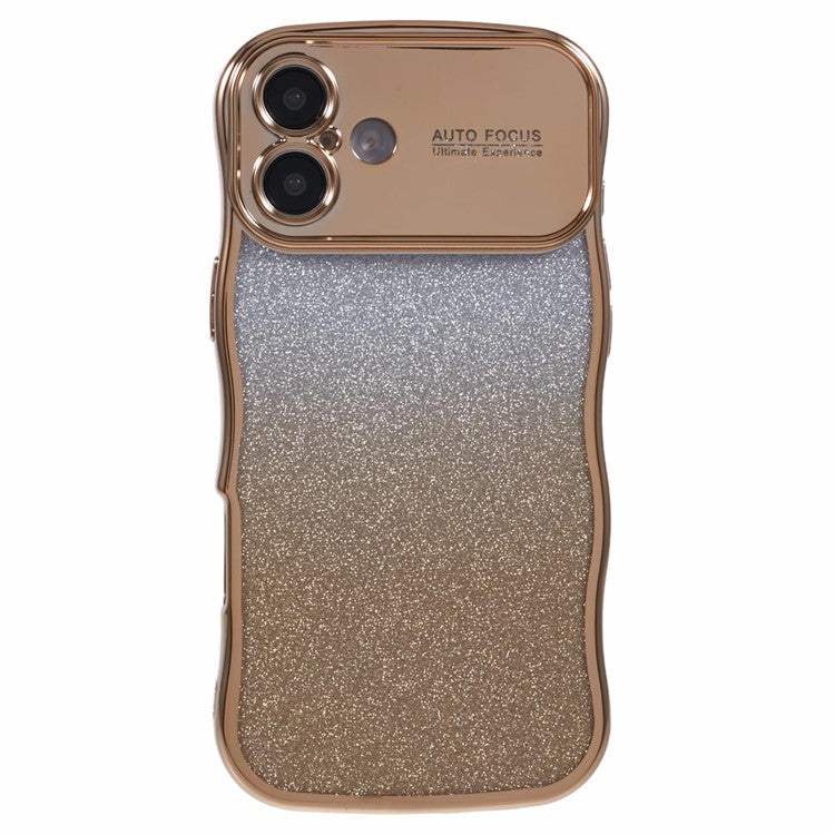For iPhone 16 Plus Case Gradient Glitter TPU Phone Cover with Electroplating Curly Frame - Gold