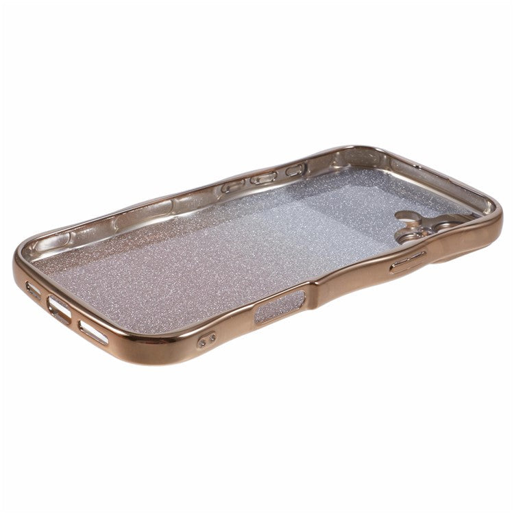 For iPhone 16 Plus Case Gradient Glitter TPU Phone Cover with Electroplating Curly Frame - Gold