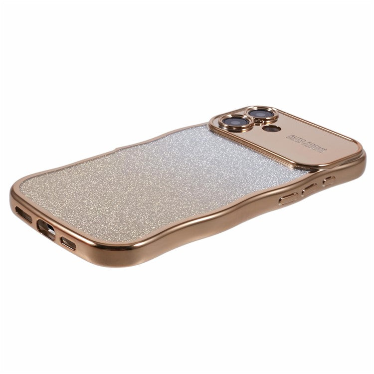For iPhone 16 Plus Case Gradient Glitter TPU Phone Cover with Electroplating Curly Frame - Gold