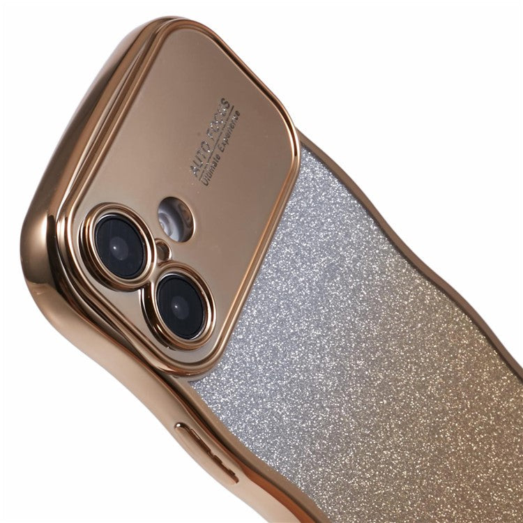 For iPhone 16 Plus Case Gradient Glitter TPU Phone Cover with Electroplating Curly Frame - Gold