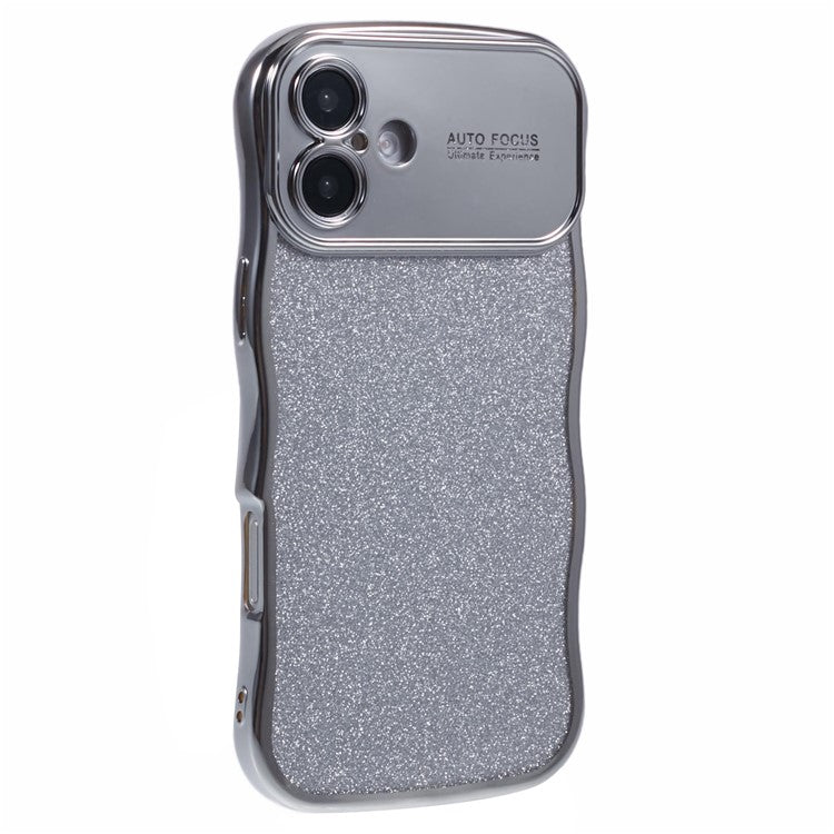For iPhone 16 Plus Case Electroplating Curly Frame TPU Glitter Phone Cover Large Window - Silver