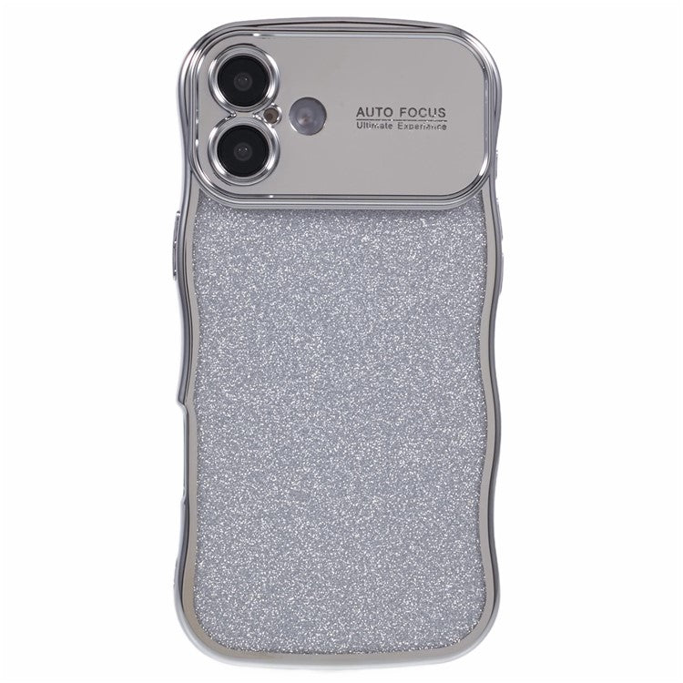 For iPhone 16 Plus Case Electroplating Curly Frame TPU Glitter Phone Cover Large Window - Silver
