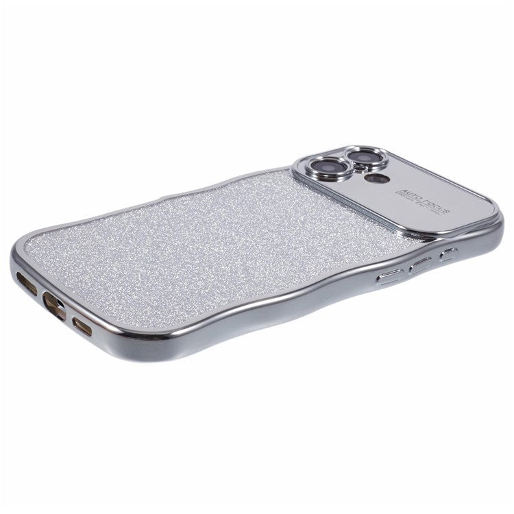 For iPhone 16 Plus Case Electroplating Curly Frame TPU Glitter Phone Cover Large Window - Silver