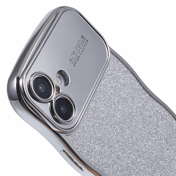 For iPhone 16 Plus Case Electroplating Curly Frame TPU Glitter Phone Cover Large Window - Silver