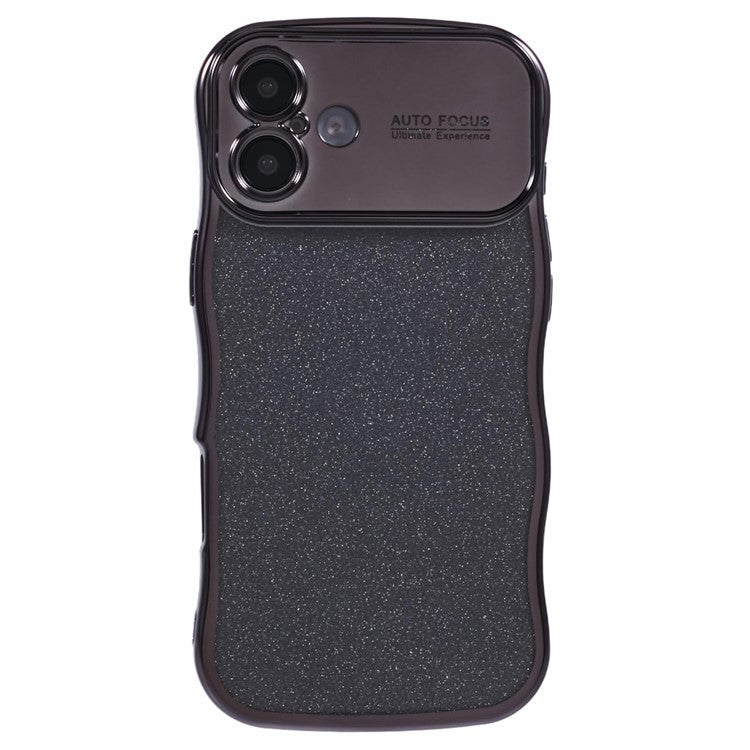 For iPhone 16 Case Electroplating Curly Frame TPU Glitter Phone Cover Large Window - Black