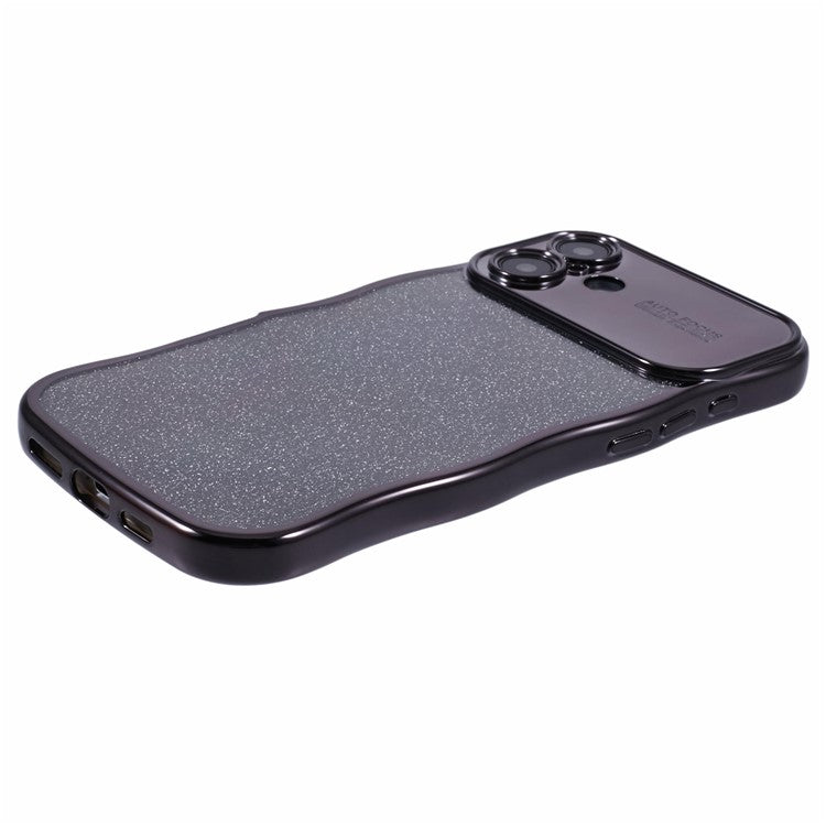 For iPhone 16 Case Electroplating Curly Frame TPU Glitter Phone Cover Large Window - Black