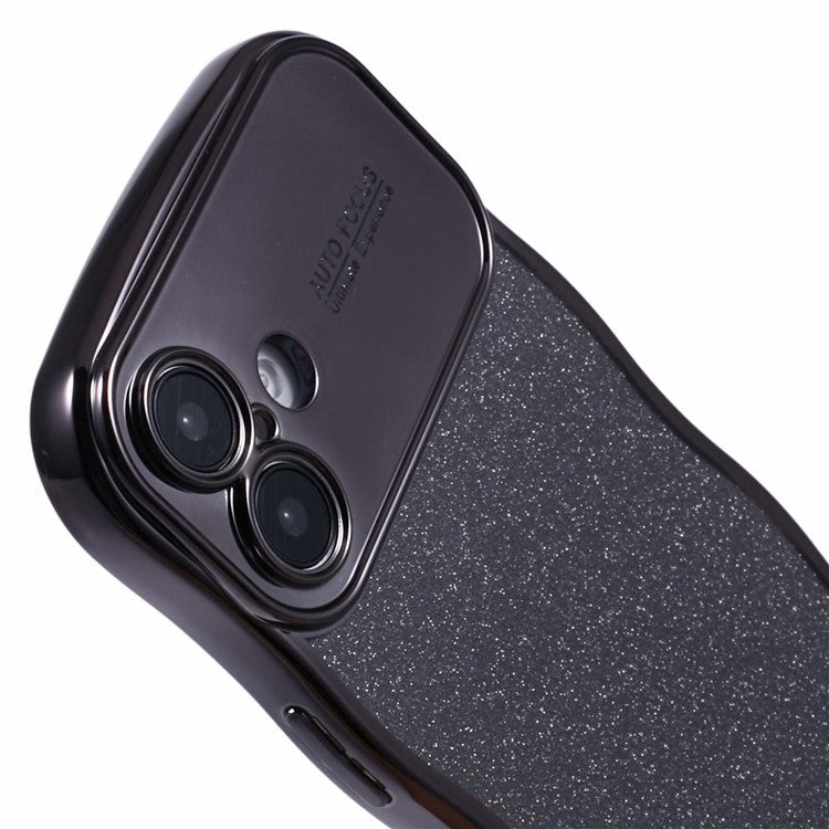 For iPhone 16 Case Electroplating Curly Frame TPU Glitter Phone Cover Large Window - Black