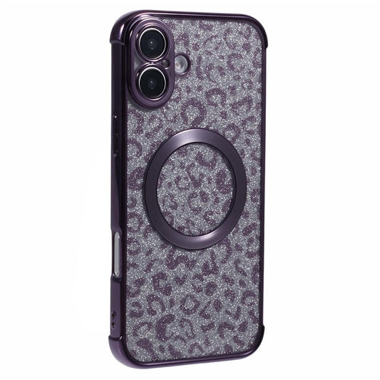 For iPhone 16 Plus Case Compatible with MagSafe Sparkly Leopard Print Clear TPU Phone Cover - Dark Purple