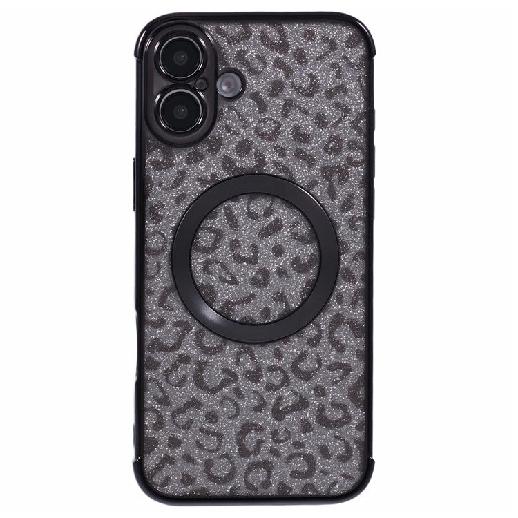 For iPhone 16 Case Compatible with MagSafe Sparkly Leopard Print Clear TPU Phone Cover - Black