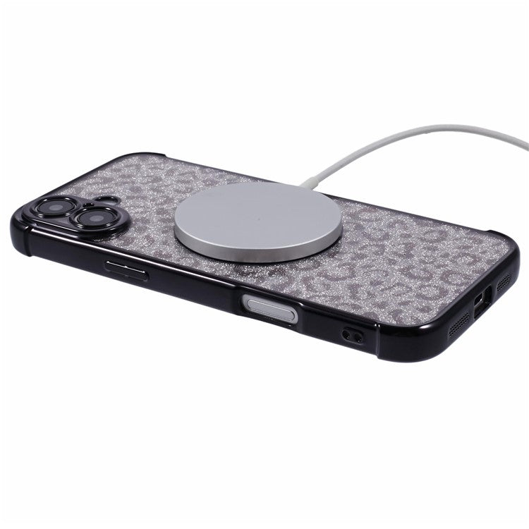 For iPhone 16 Case Compatible with MagSafe Sparkly Leopard Print Clear TPU Phone Cover - Black