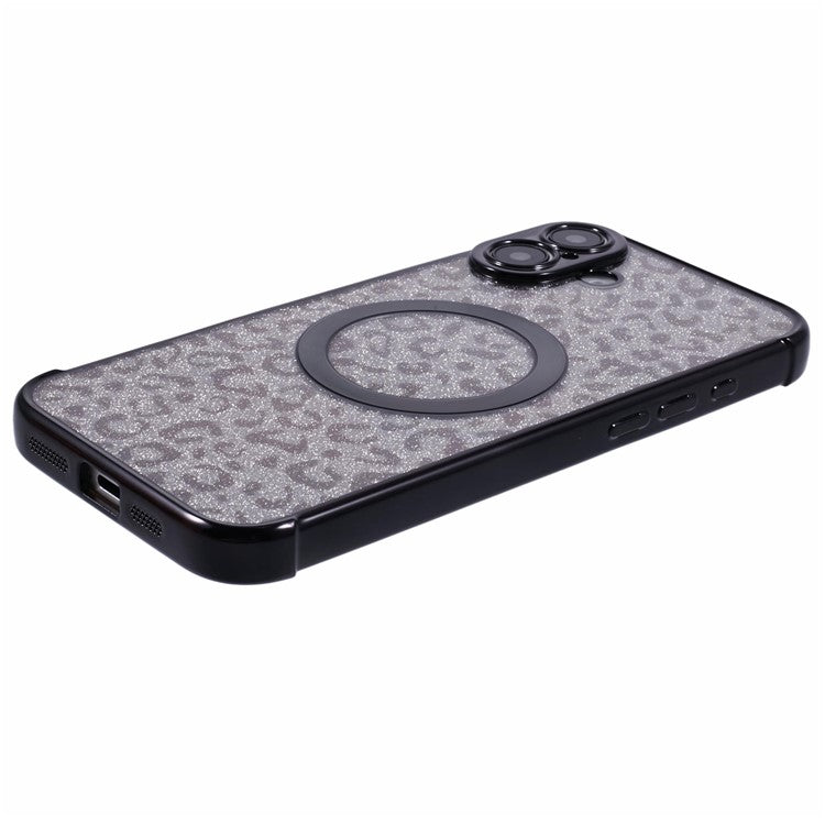 For iPhone 16 Case Compatible with MagSafe Sparkly Leopard Print Clear TPU Phone Cover - Black