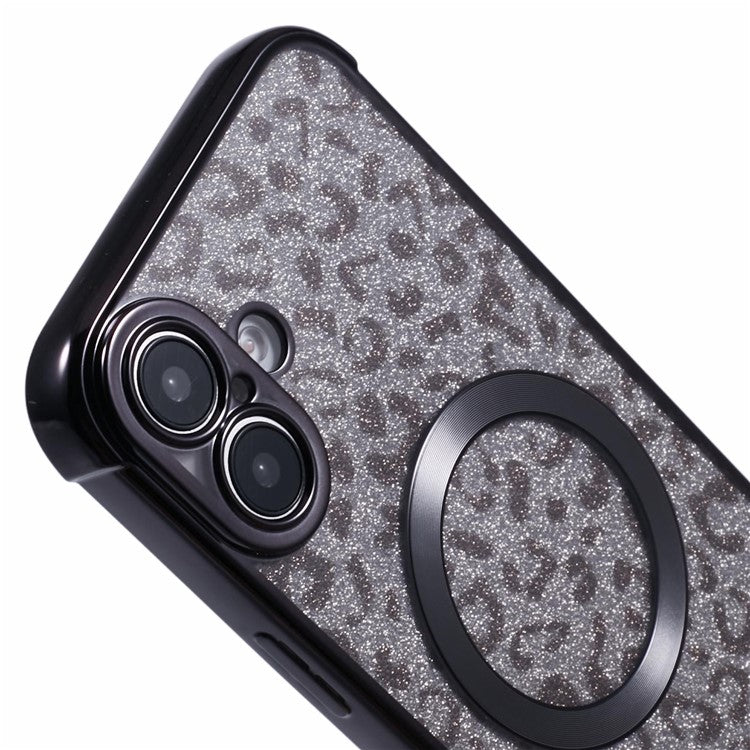 For iPhone 16 Case Compatible with MagSafe Sparkly Leopard Print Clear TPU Phone Cover - Black