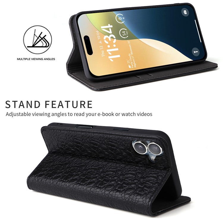FIERRE SHANN For iPhone 16 Case Genuine Cow Leather Crocodile Texture Wallet Phone Cover - Black