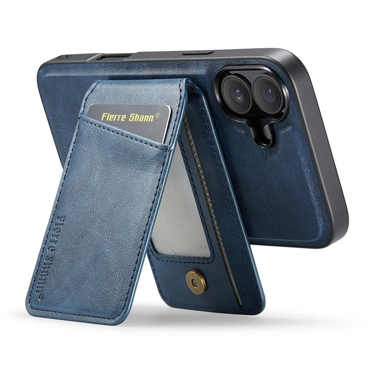 FIERRE SHANN 025 Style For iPhone 16 Case Leather+TPU Detachable Card Slots Phone Cover - Blue