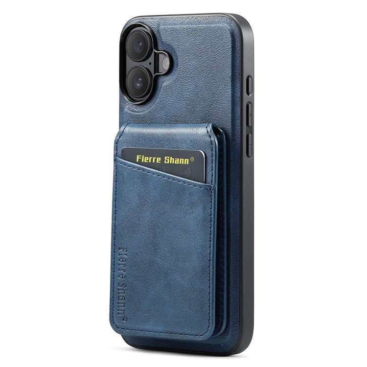 FIERRE SHANN 025 Style For iPhone 16 Case Leather+TPU Detachable Card Slots Phone Cover - Blue