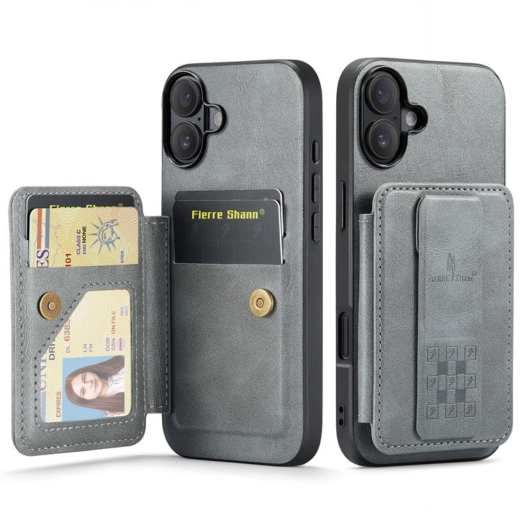FIERRE SHANN 024 Style For iPhone 16 Plus Case Card Holder Kickstand Waxy Texture Leather+TPU Phone Cover - Grey