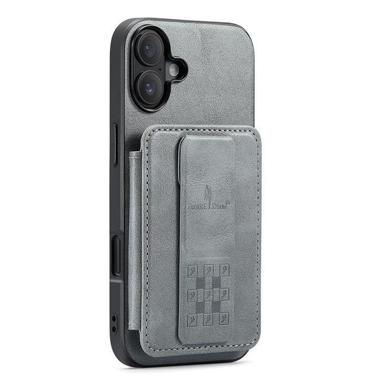 FIERRE SHANN 024 Style For iPhone 16 Plus Case Card Holder Kickstand Waxy Texture Leather+TPU Phone Cover - Grey