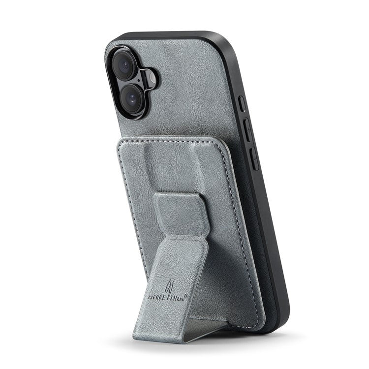 FIERRE SHANN 024 Style For iPhone 16 Plus Case Card Holder Kickstand Waxy Texture Leather+TPU Phone Cover - Grey