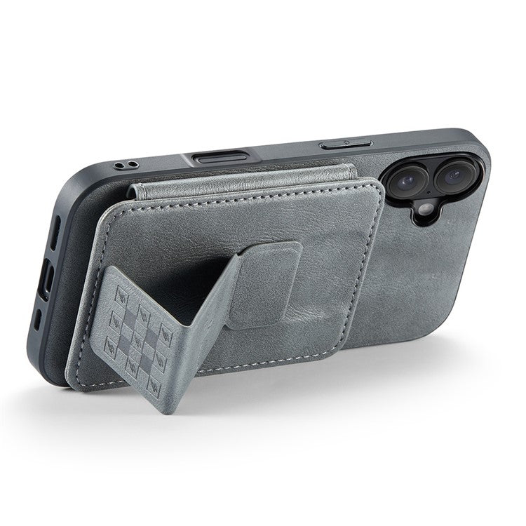 FIERRE SHANN 024 Style For iPhone 16 Plus Case Card Holder Kickstand Waxy Texture Leather+TPU Phone Cover - Grey