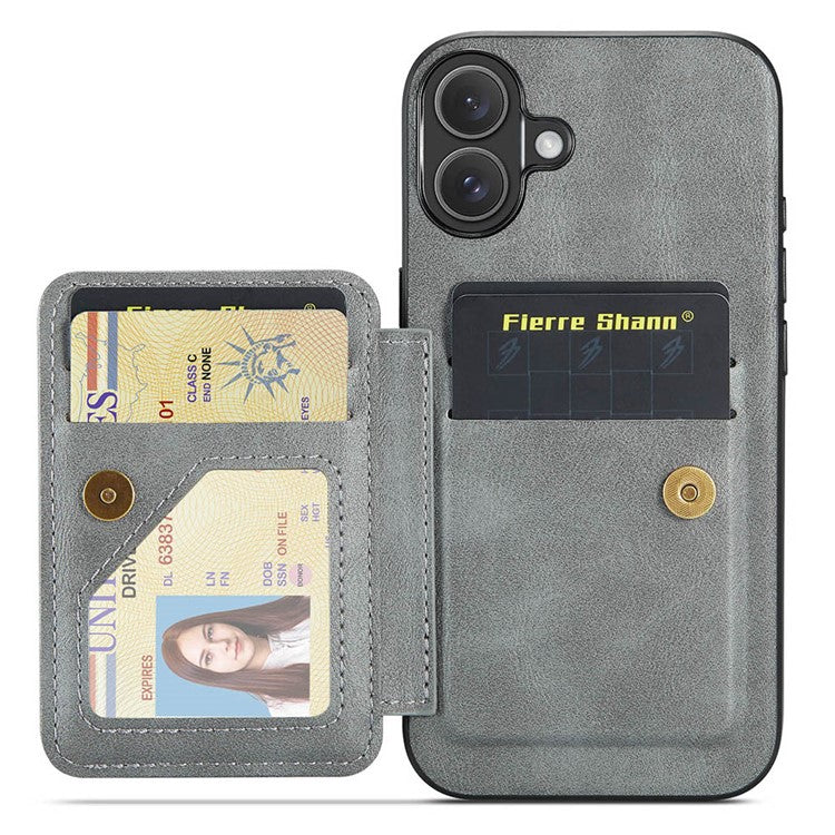 FIERRE SHANN 024 Style For iPhone 16 Plus Case Card Holder Kickstand Waxy Texture Leather+TPU Phone Cover - Grey