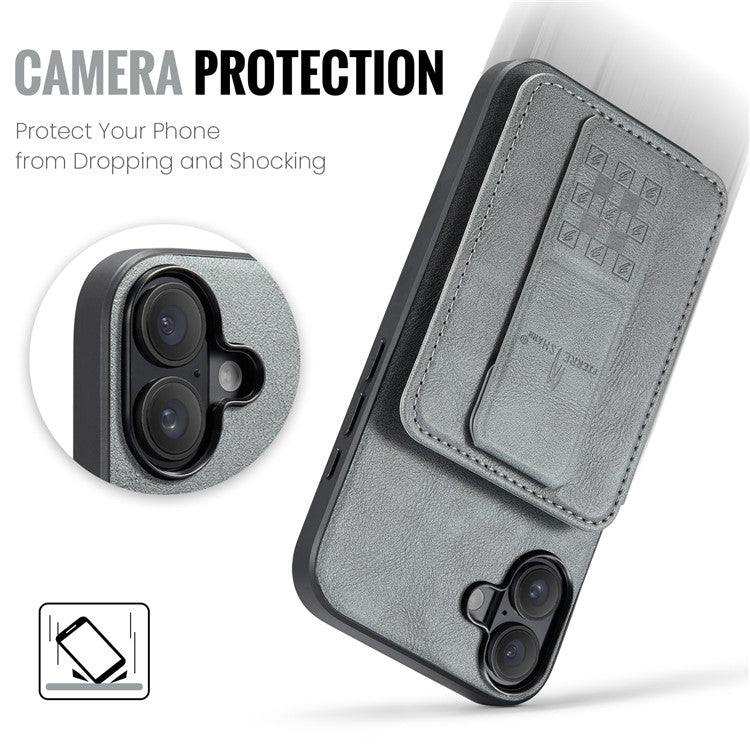 FIERRE SHANN 024 Style For iPhone 16 Plus Case Card Holder Kickstand Waxy Texture Leather+TPU Phone Cover - Grey