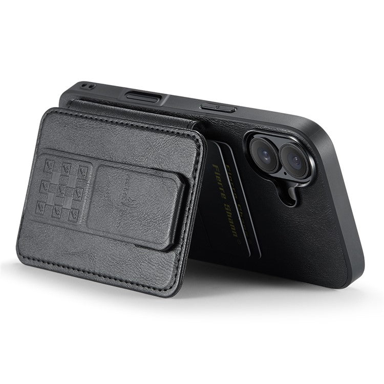 FIERRE SHANN 024 Style For iPhone 16 Case Card Holder Kickstand Waxy Texture Leather+TPU Phone Cover - Black