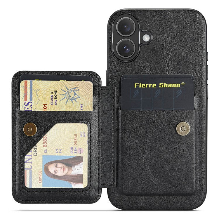 FIERRE SHANN 024 Style For iPhone 16 Case Card Holder Kickstand Waxy Texture Leather+TPU Phone Cover - Black