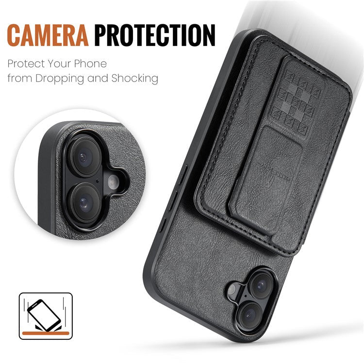 FIERRE SHANN 024 Style For iPhone 16 Case Card Holder Kickstand Waxy Texture Leather+TPU Phone Cover - Black